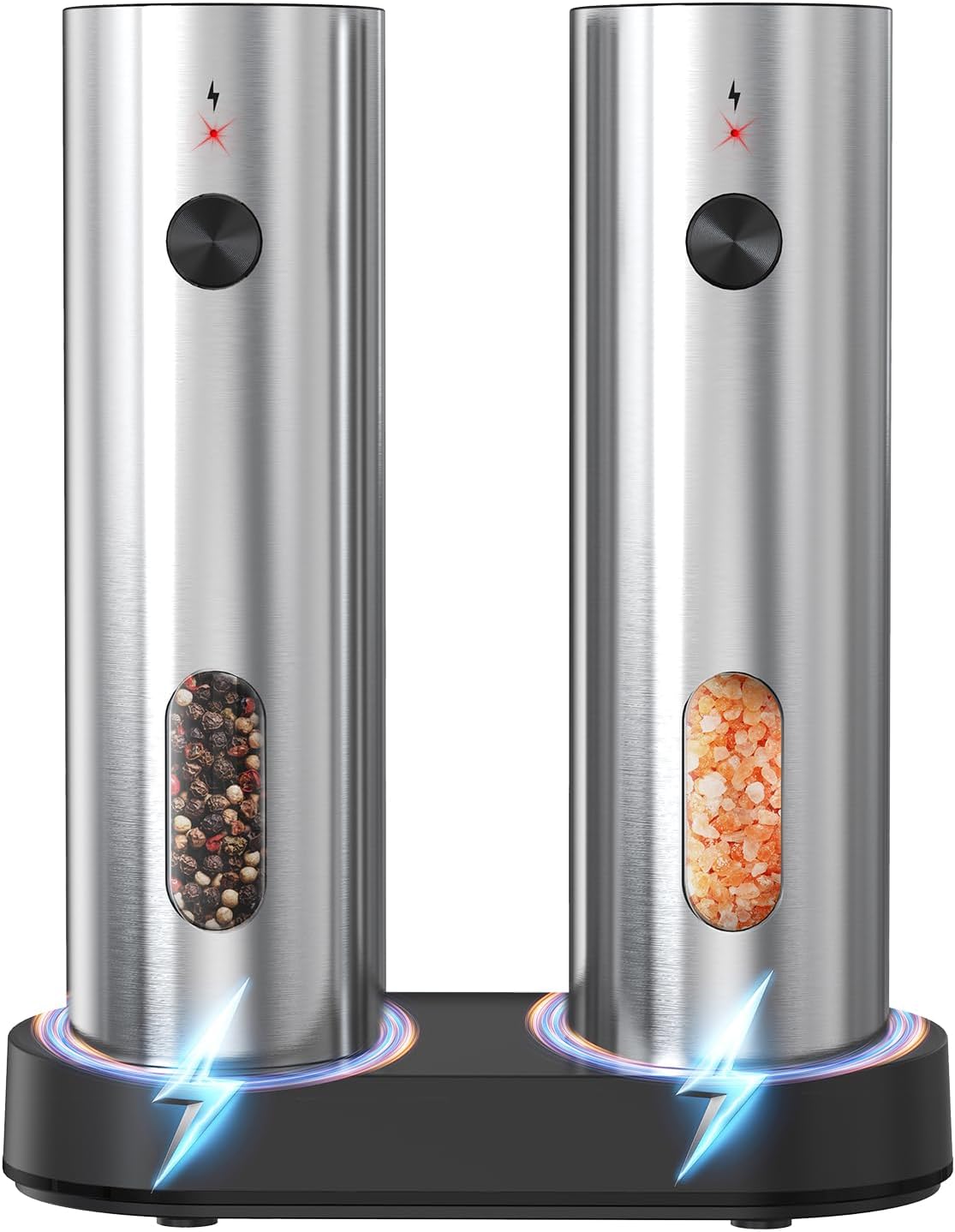 Electric Salt and Pepper Grinder Set with Charging Base，Stainless Steel Automatic Pepper Grinder Set Top-Refill, Flexible Coarsenes, 110ml Larger Capacity with LED Light for Home Kitchen (2 pack)