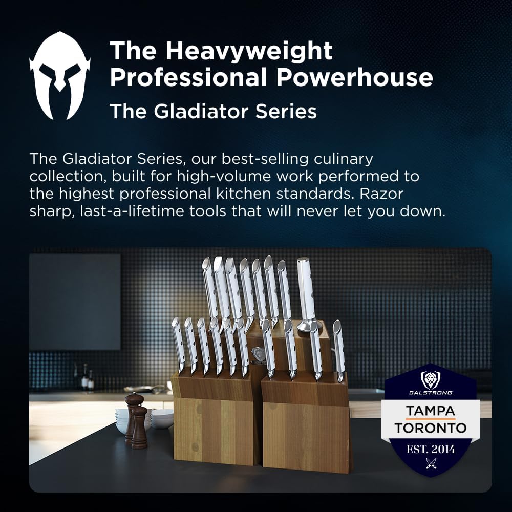 DALSTRONG Gladiator Series Elite-18pc Stainless Steel Knife Set with Block-High Carbon German Steel-Acacia Wood Block-Knife Set w/White Handles-NSF Certified-Men's Valentines Gift