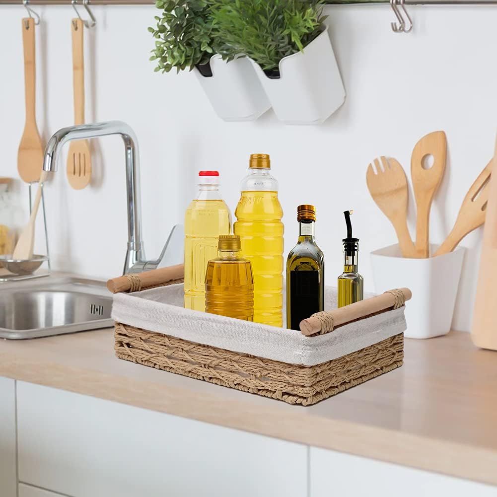 Round Paper Rope Storage Basket, Wicker Baskets for Organizing with Handle, Decorative Bins for Countertop, Toilet Paper Basket for Toilet Tank Top, Small Baskets Set (Set of 2,Beige)