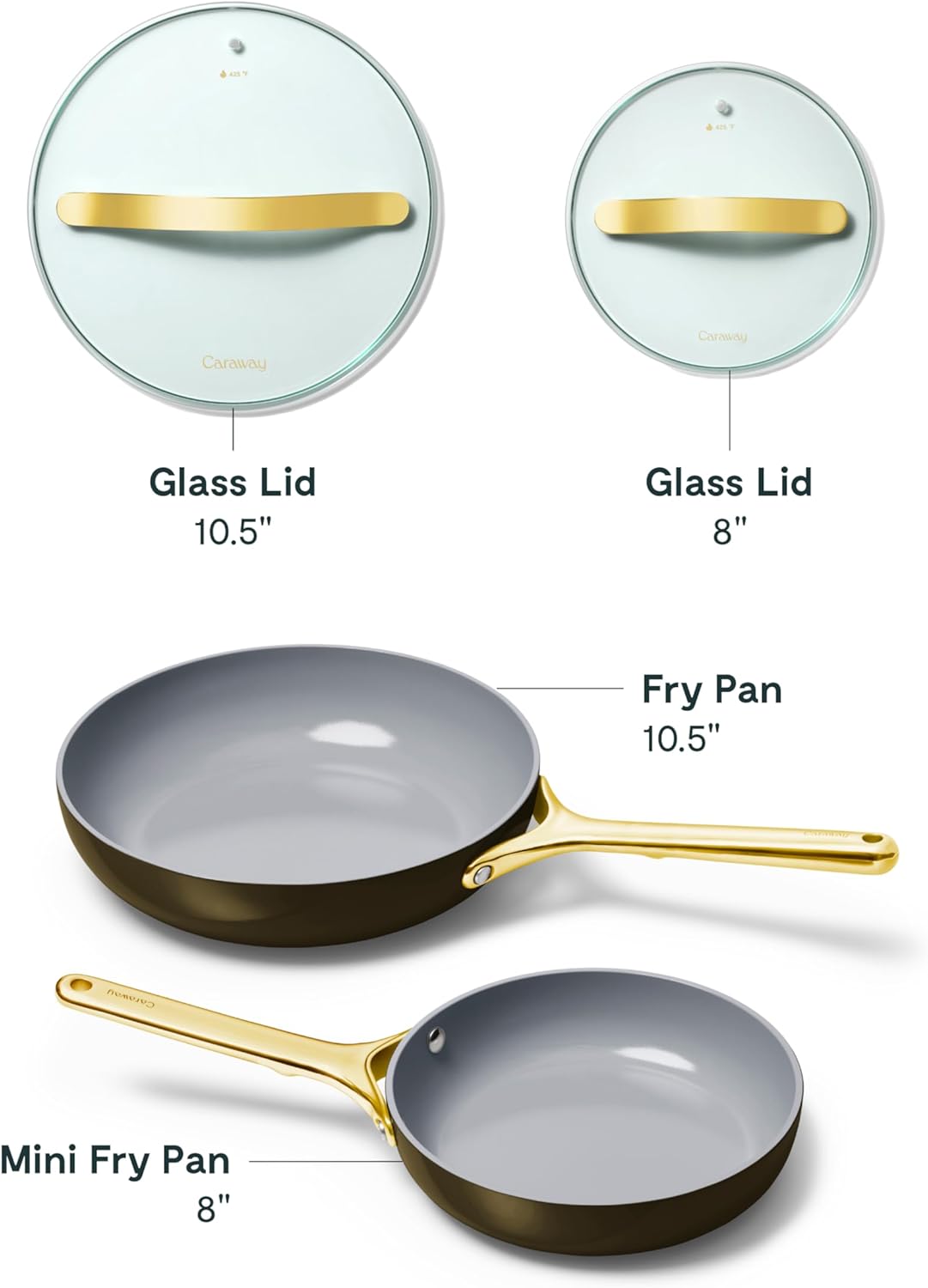 Caraway Ceramic Nonstick Fry Pan Set with Glass Lids – Includes Two 10.5” Fry Pans, One 8” Fry Pan, & Three Lids - Non Toxic, PTFE & PFOA Free - Oven Safe & Compatible with All Stovetops - Black