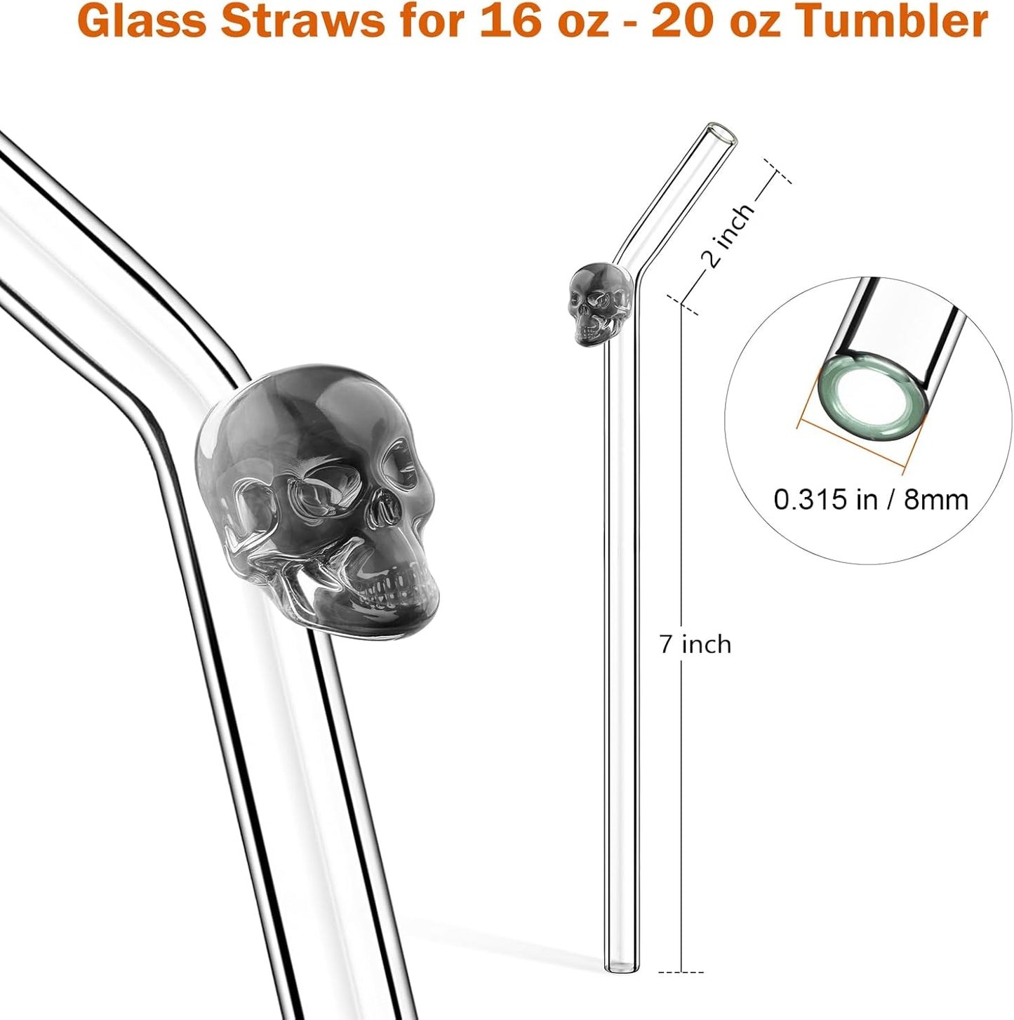 Halloween Straws Set - Cute Glass Straws with Charms | 8mm BPA Free Reusable Clear Glass Drinking Straws, Bent 9" Borosilicate Durable Skull Design Eco Friendly, Fun Party Gift with 2 Cleaners