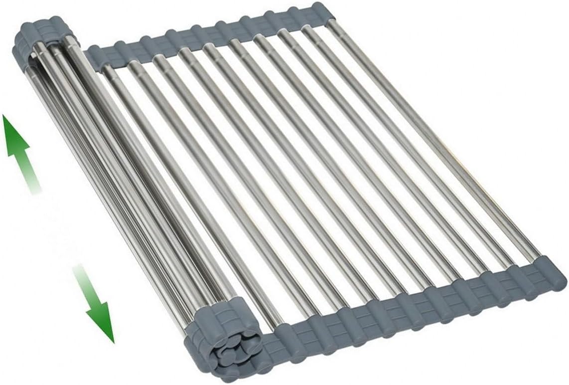 Expandable Large Draining Rack, Roll Up Heat-Resistant Dish Drainer for Stainless Steel Sinks, Collapsible Over The Sink Rack Non-Slip Silicone Rolling Up Rack 18 Tube