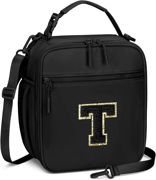Initial Insulated Lunch Bag for Boys Kids, Back to School Gift, Reusable Leak-proof Lunch Box with Adjustable Strap for School Daycare Travel Picnic（Black，T）