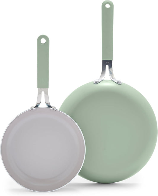 GreenLife 8” & 10” 2 Piece Nonstick Ceramic Frying Pan Set, Lightweight Healthy PFAS-Free Skillets, Dishwasher & Oven Safe, Durable Body, Silicone Stay-Cool Handles, Easy Release, Sage Green