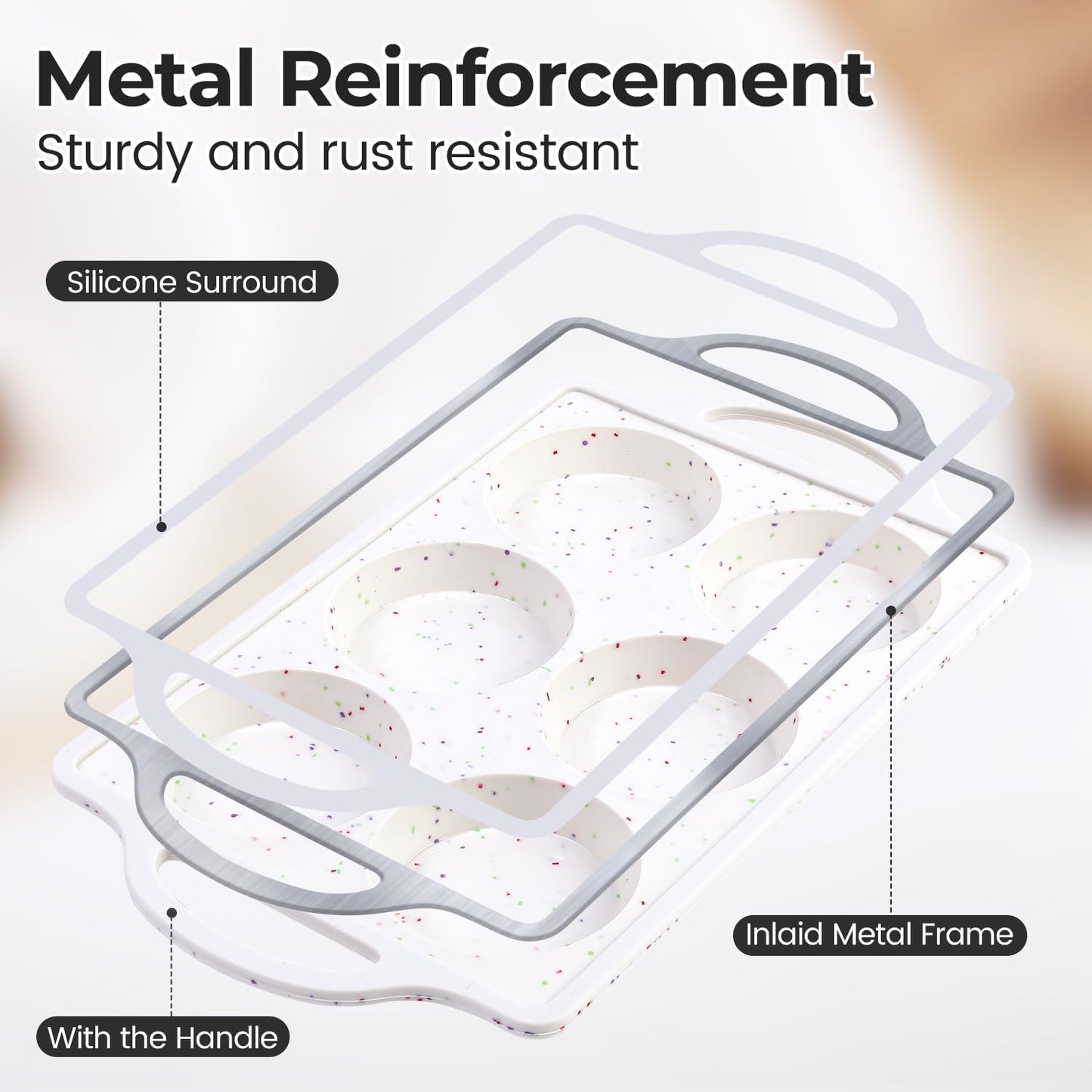 Muffin Top Pan with Metal Reinforced Frame, Silicone Egg Molds for Breakfast Sandwiches 3 Inch Round Baking Pan for Oven English Muffins, Whoopie Pies, Corn Bread, Egg Bites, Tarts 3 Pack Confetti