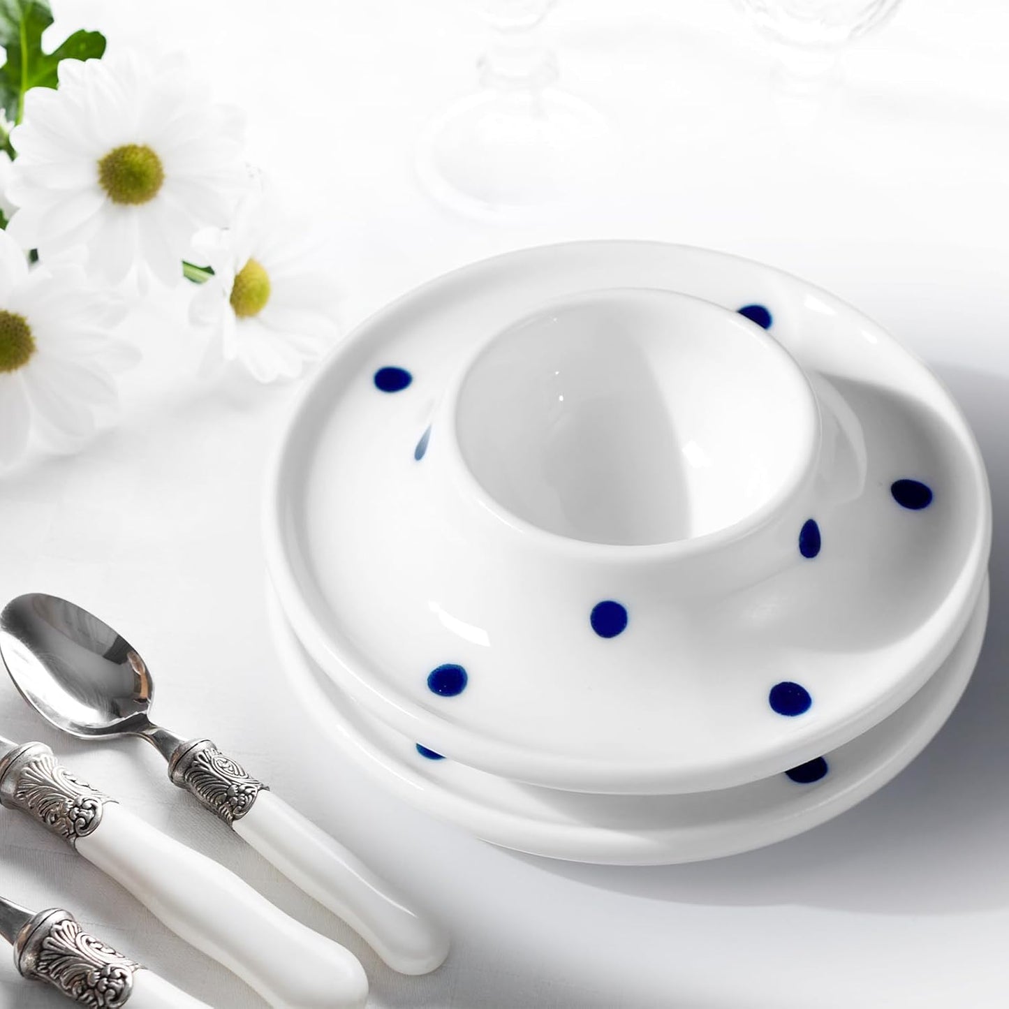 Cinf Ceramic White Egg Holder Set of 2 Porcelain Holder Breakfast Boiled Cooking Easy to Clean Childhood Memories Kitchen（Blue Dot)