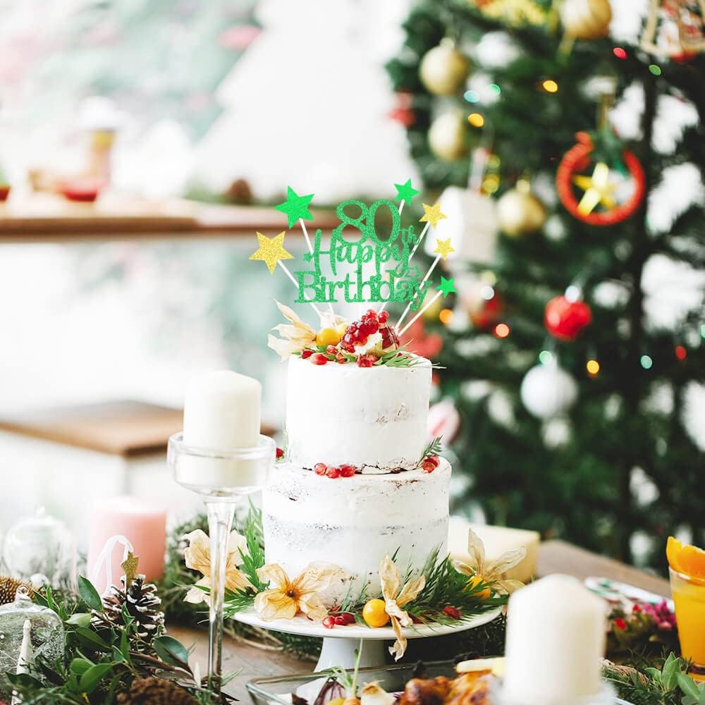 Glittery 80th Happy Birthday Cake Topper with Star,Personalised 80 Birthday Cake Toppers Party Decorations Party Supplies for Boys Girls Green Gold