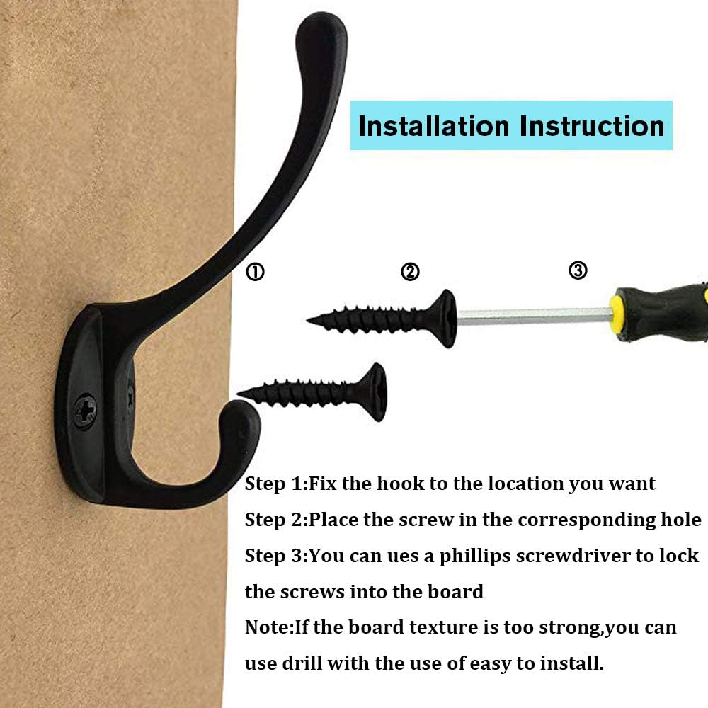 IBosins 10 Pack Heavy Duty Dual Coat Hooks Wall Mounted with 40 Screws Retro Double Hooks Utility Black No Rust Hooks for Coat, Scarf, Bag, Towel, Key, Cap, Cup, Hat (Black)