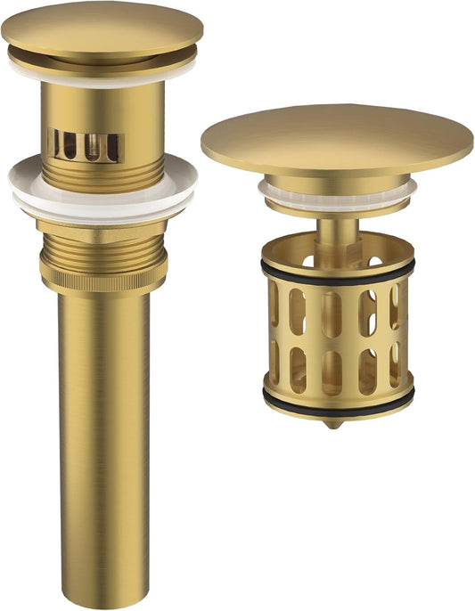 Bathroom Sink Pop Up Drain with Overflow, Vessel Sink Drain with Detachable Filter Basket, Anti-Corrosion and Anti-Clogging Sink Pop Up Drain Stopper (Brushed Gold, with Overflow)
