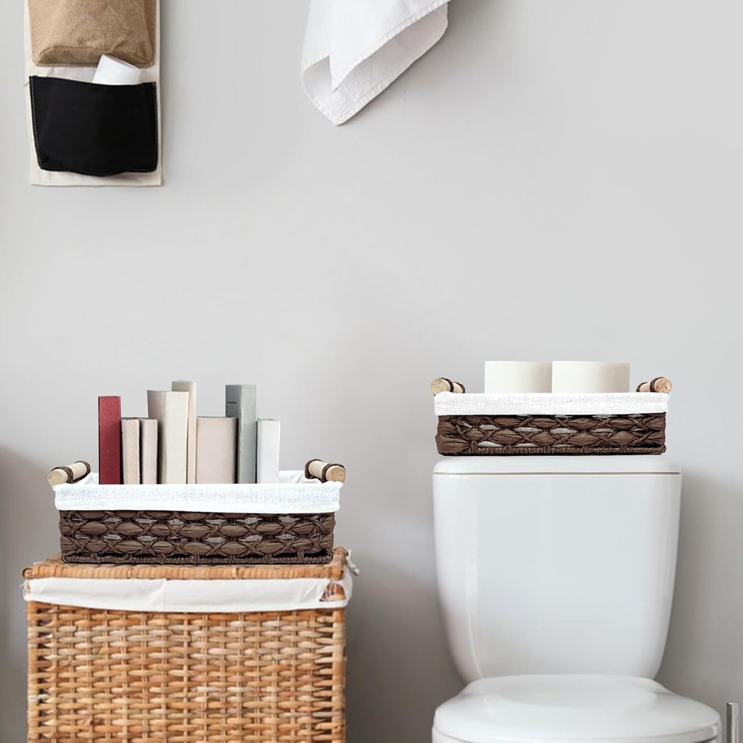 Storage Basket Wicker Baskets for Organizing with Handle Decorative Storage Bins for Countertop Toilet Paper Storage Basket for Toilet Tank Top Small Baskets Set (Set of 2)