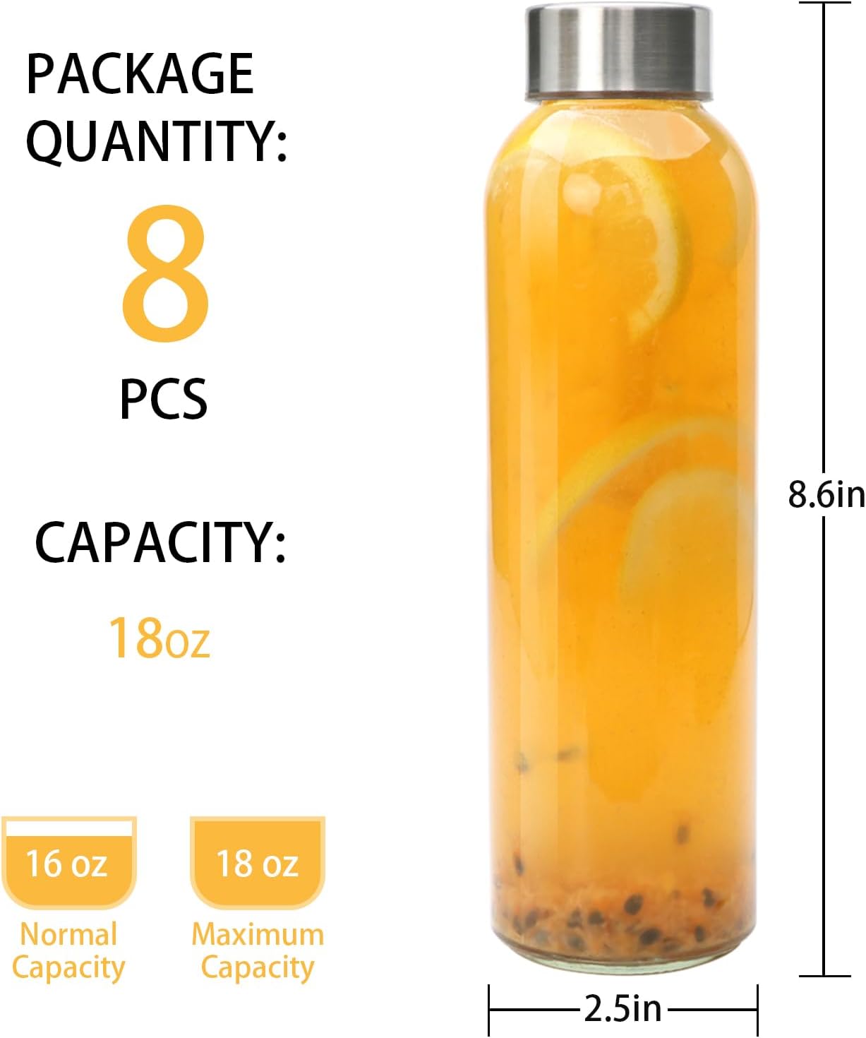 Brajttt Glass Juice Bottle with Lids,16oz Juicing Bottles Reusable, Clear Glass Water Bottles 16 oz with Stainless Steel Airtight Cap,Juice Beverage Container, Leak Proof，Set of 8