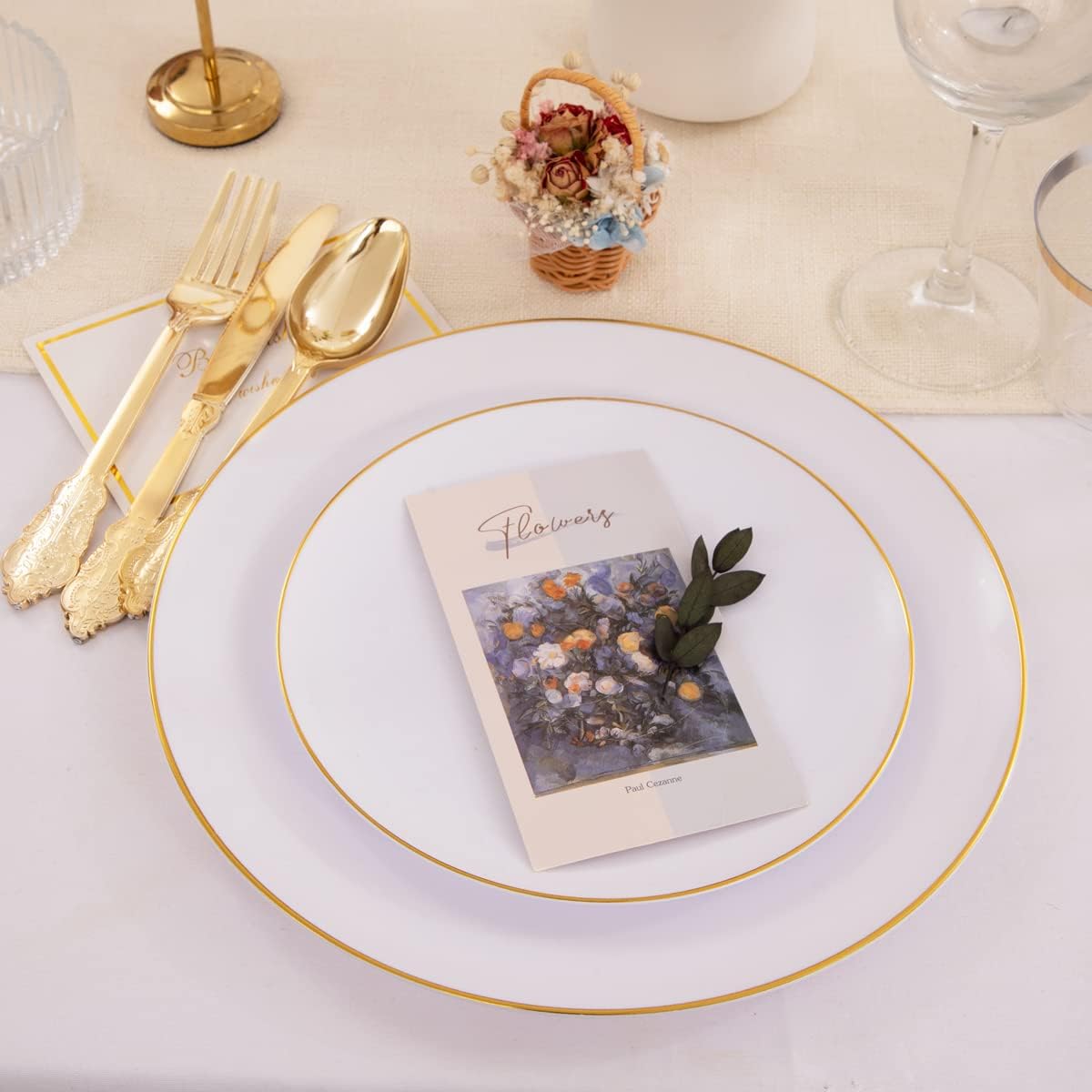 KIRE 100PCS Disposable Plates - White with Gold Rim for Party/Wedding - Includes 50Pieces 10.25inch Dinner and 50Pieces 7.5inch Dessert/Salad Plates