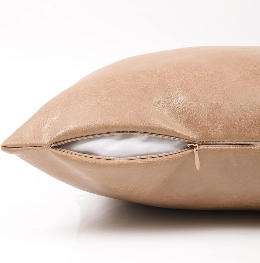 Fancy Homi Tan Decorative Throw Pillow Covers 16x16 Inch for Living Room Couch Bed, Modern Farmhouse Boho Home Decor, Faux Leather Hand Stitched Beige Accent Square Cushion Case 40x40 cm