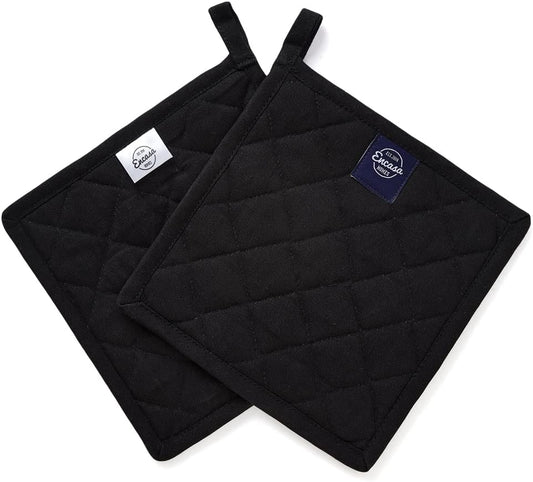 Encasa XO Heat Resistant Cotton Pot Holders with Hanging Loop - Set of 2 - Full Black - Multipurpose Quilted Everyday Hot Pad for Kitchen, Camping, BBQ & Microwave - 8x8 in