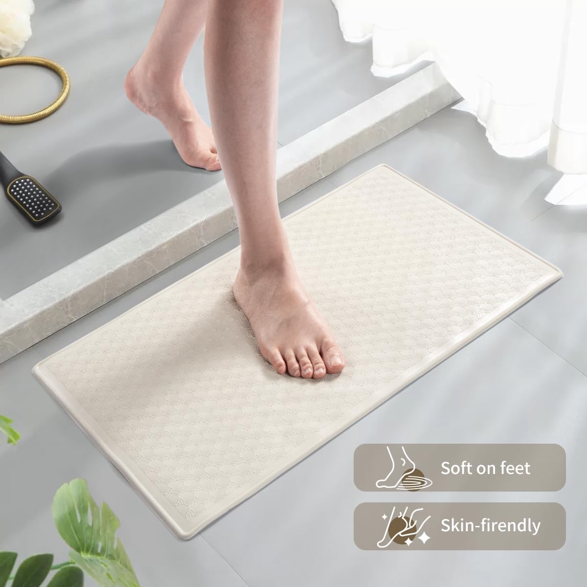 Bathtub Mat Non Slip, Bath Mat for Tub 22.4 x 14 Inches, Shower Mats with Suction Cups, Rubber Shower Stall Mats for Elderly & Kids, Cream White