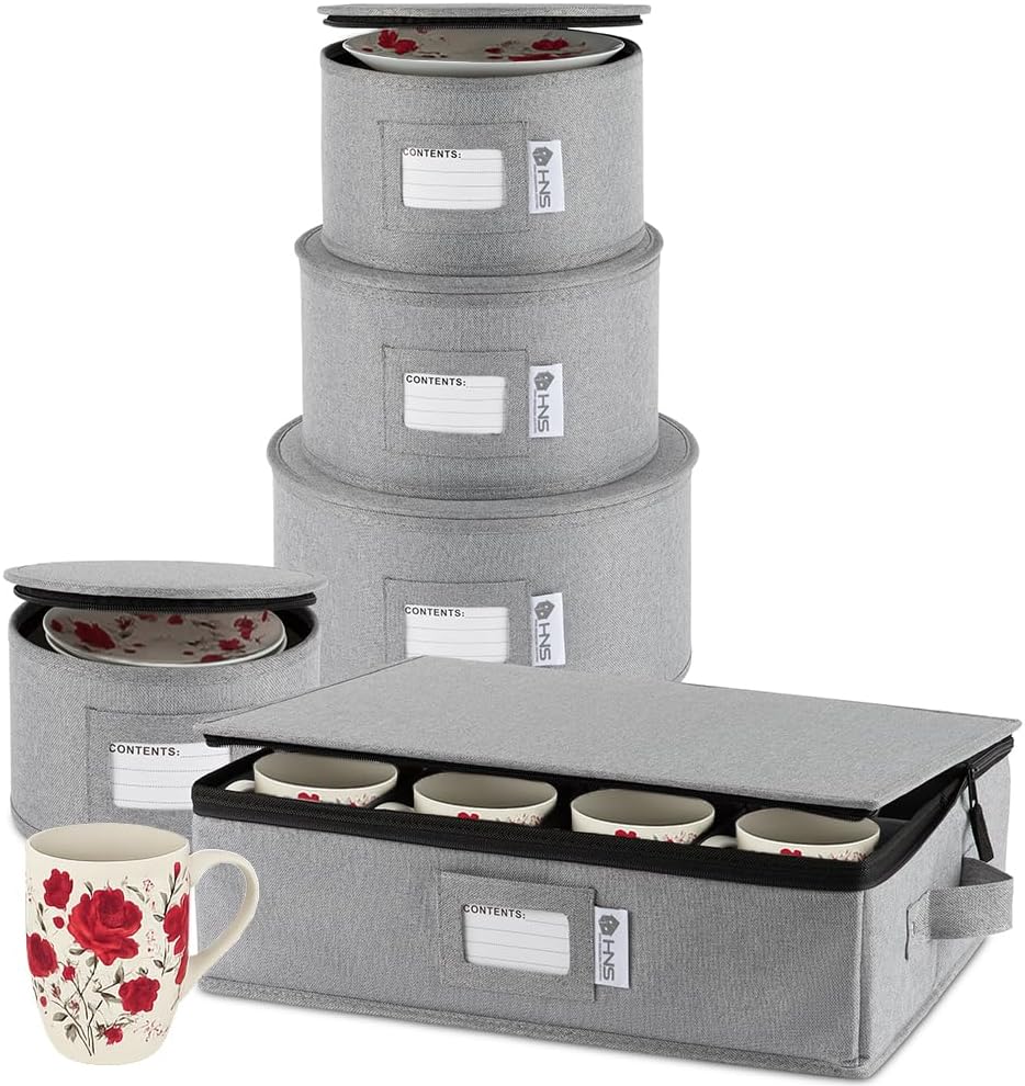 Hard Shell China Storage Containers 5-Piece Set Moving Boxes for Dinnerware, Glasses, Plates, Mugs and Saucers Sturdy Dish Organizer with Dividers for Seasonal Storage - Service for 12 - Gray