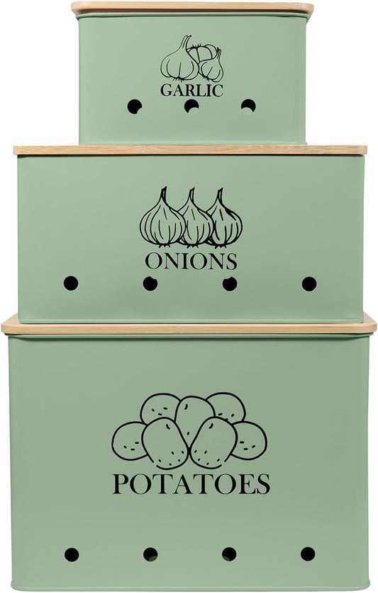 Canister Sets for Kitchen Counter, Kitchen Canisters Set of 3 for Potato Onion Garlic, Kitchen Storage Bin Jars Pots with Aerating Tin Storage Holes & Wooden Lid (Green)