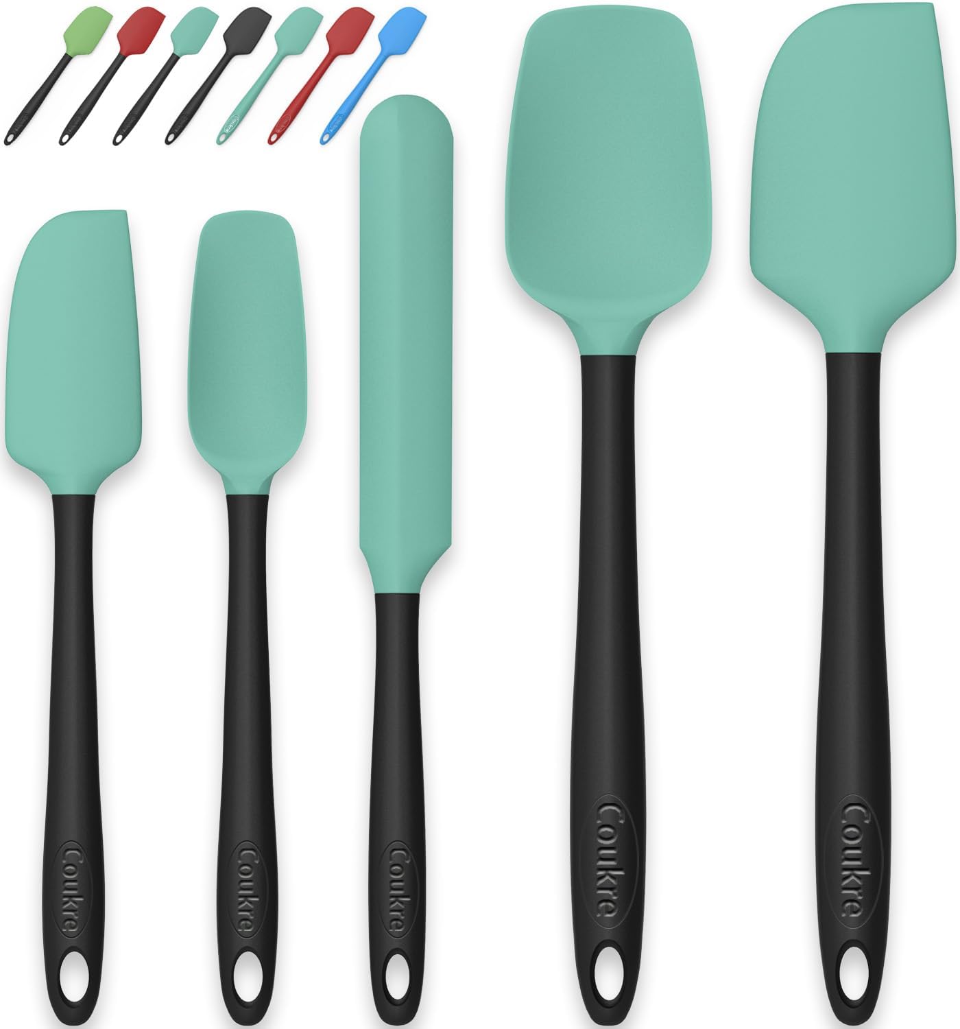 Coukre Silicone Spatula Set of 5,High Temperature Resistant, Food Grade Silicone, Dishwasher Safe, for Baking, Cooking (Aqua Green Black, Split-type)