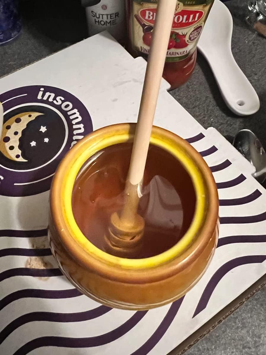 Ceramic Honey Pot with Dipper - Brown Honey Jar with Stand, Great Bee Decor - Farmhouse Kitchen Decor