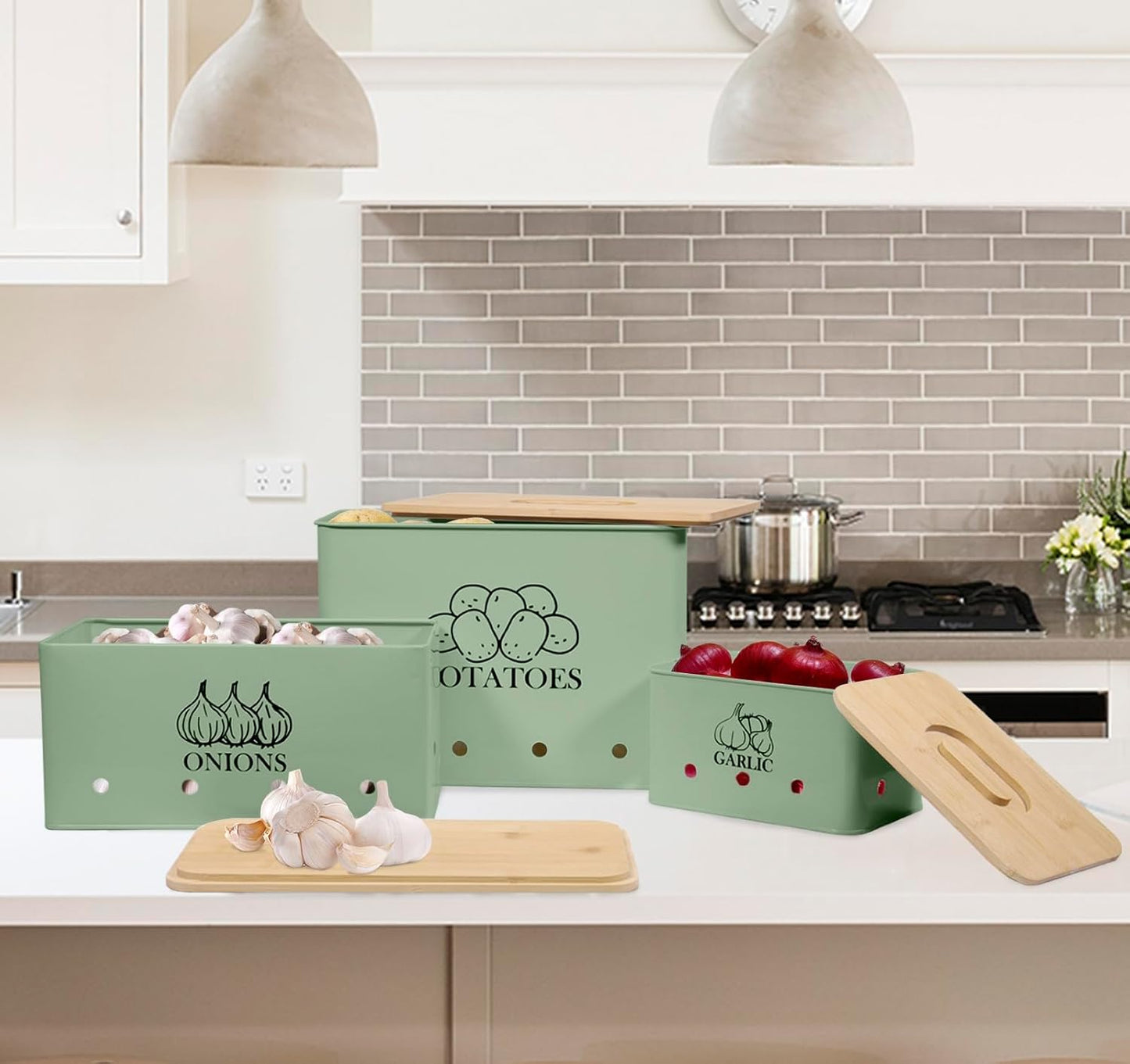 Canister Sets for Kitchen Counter, Kitchen Canisters Set of 3 for Potato Onion Garlic, Kitchen Storage Bin Jars Pots with Aerating Tin Storage Holes & Wooden Lid (Green)