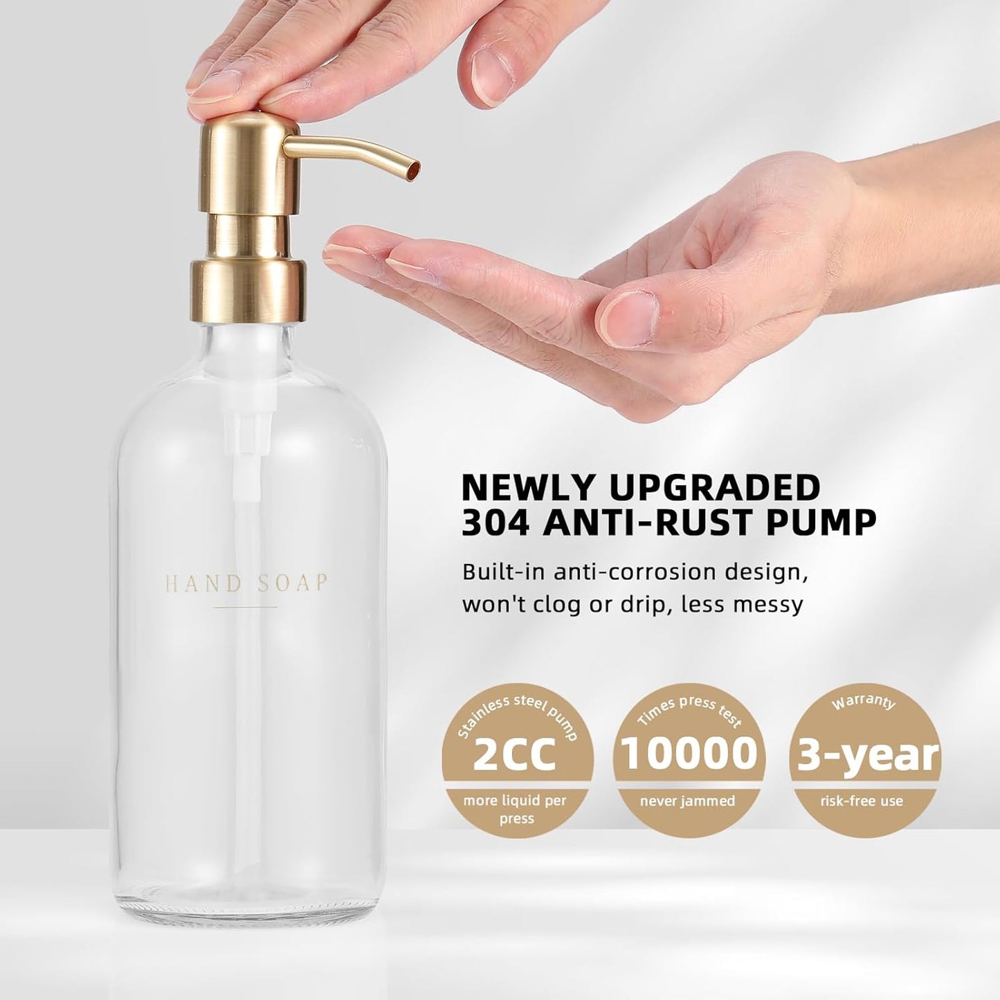 Glass Soap Dispenser - Dish Hand Soap Dispenser Set for Kitchen, Bathroom Soap Lotion Dispenser with 304 Rust Proof Pump, Tray, Clear Bottle/Gold Pump