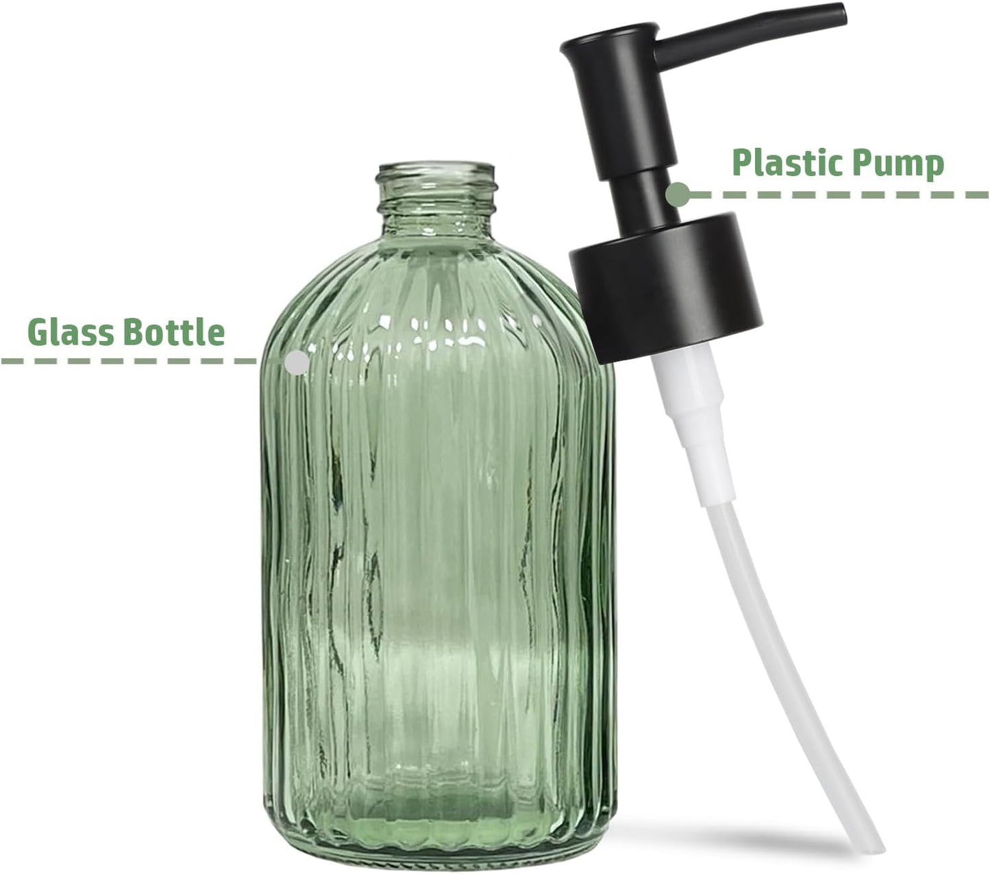 14 Oz Black Pump Glass Soap Dispenser, Green Stripe Countertop Refillable Liquid Bottle Hand Dish Lotion Dispenser with Plastic Pump, for Kitchen, Bathroom