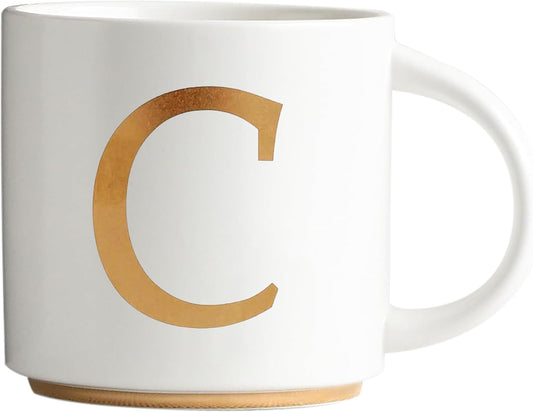 COLLECTIVE HOME - Monogram Ceramic Mugs, 15 oz Golden Initial Coffee Cups, Elegant Alphabet Tea Mugs, Elegant Personalized Mug with Gift Box, Unique Mug with Double Side Capital Letter (C)