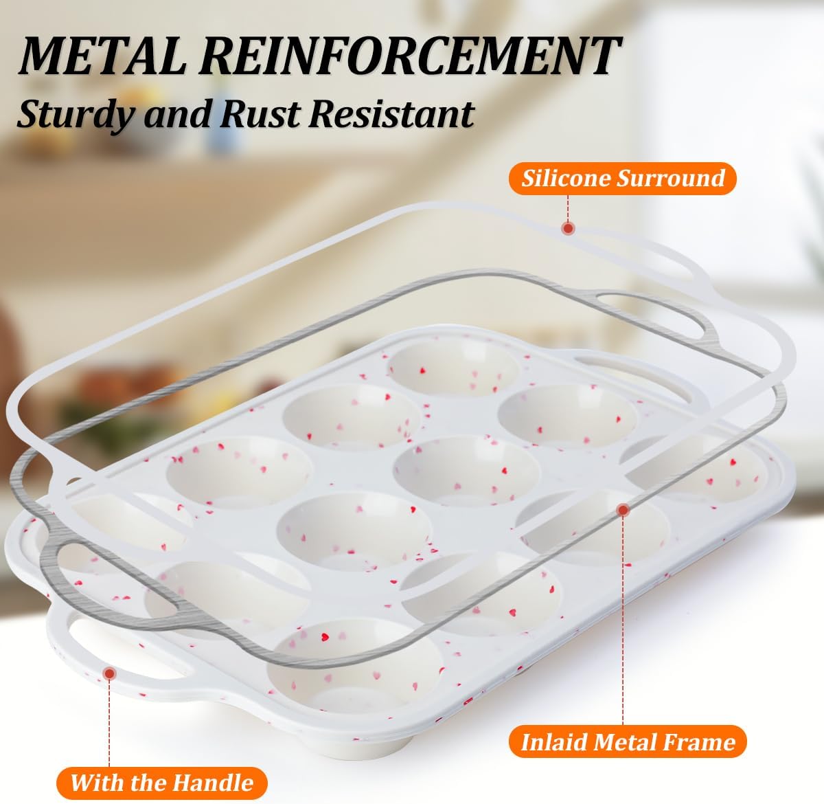 Regular Size Muffin Pan with Metal Reinforced Frame, Silicone Cupcake Pan Easy to Handle Nonstick 12 Cups Silicone Muffin Pans for Baking BPA Free 2 Pack
