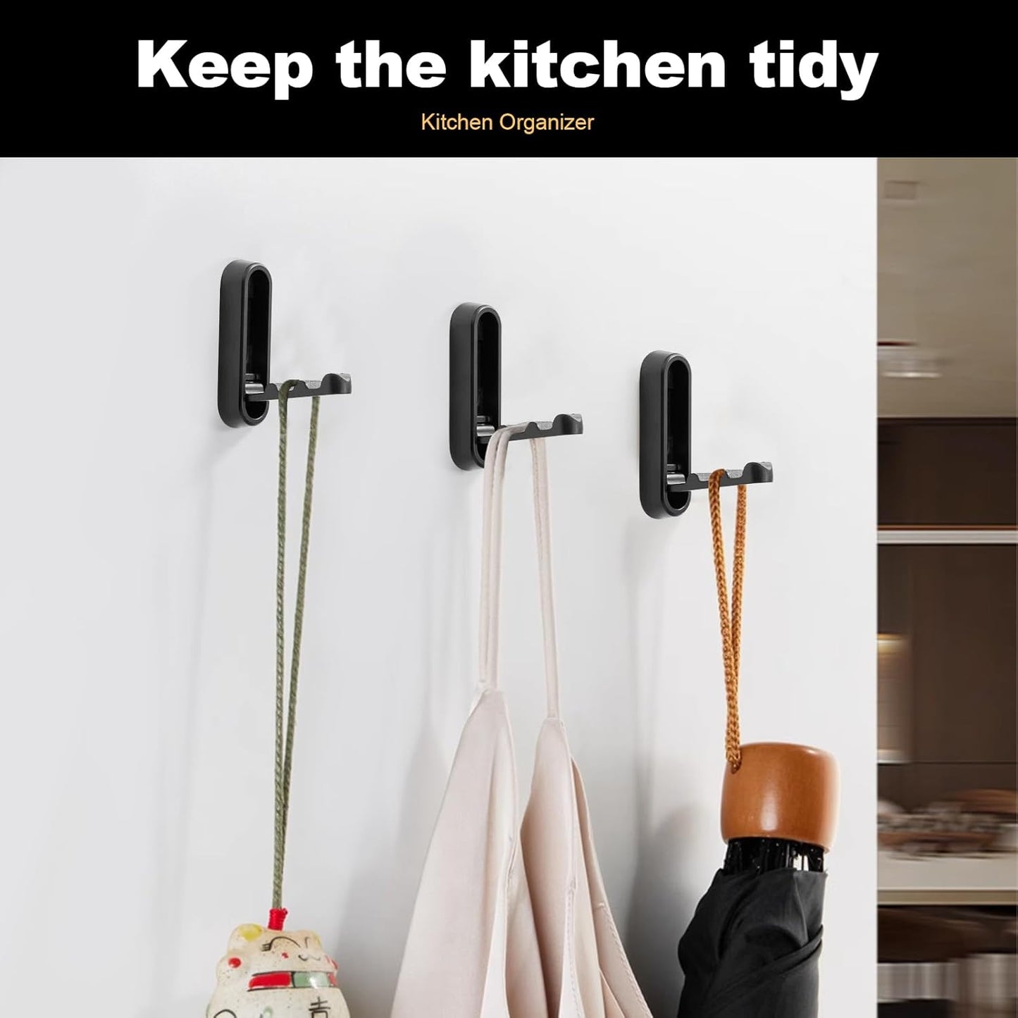 Heavy Duty Black Folding Wall Hooks 2 Pack, Space Saving Foldable Coat Hooks for Bathroom, Closet, Entryway, Kitchen, Towel, Robe, Bag, Hat Hanging, Easy Mount, Zinc Alloy, Corrosion - Resistant