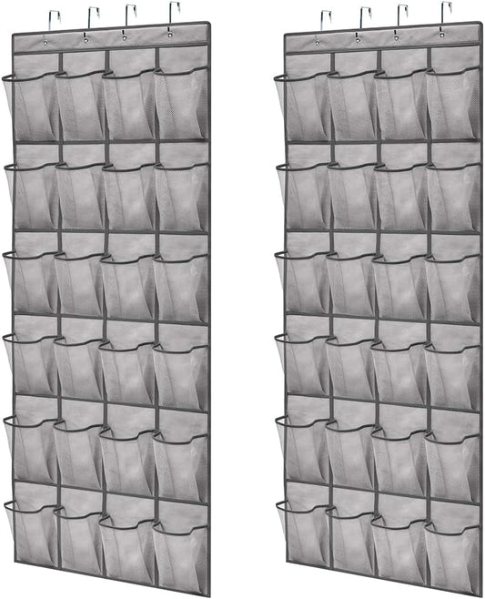 GORILLA GRIP Over the Door Shoe Organizer, 2 Pack, 24 Breathable Mesh Pockets, Space Saving Hanging Storage Holder, Closet Rack Hanger Holds Up to 40 lbs, Hangs on Closets, Shoes, Accessories, Gray