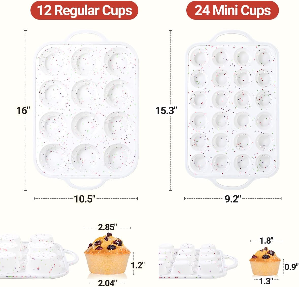 12 Cups & 24 Cups Silicone Muffin Pan with Metal Frame, Regular & Mini Muffin Pan Set for Baking 2 Pack