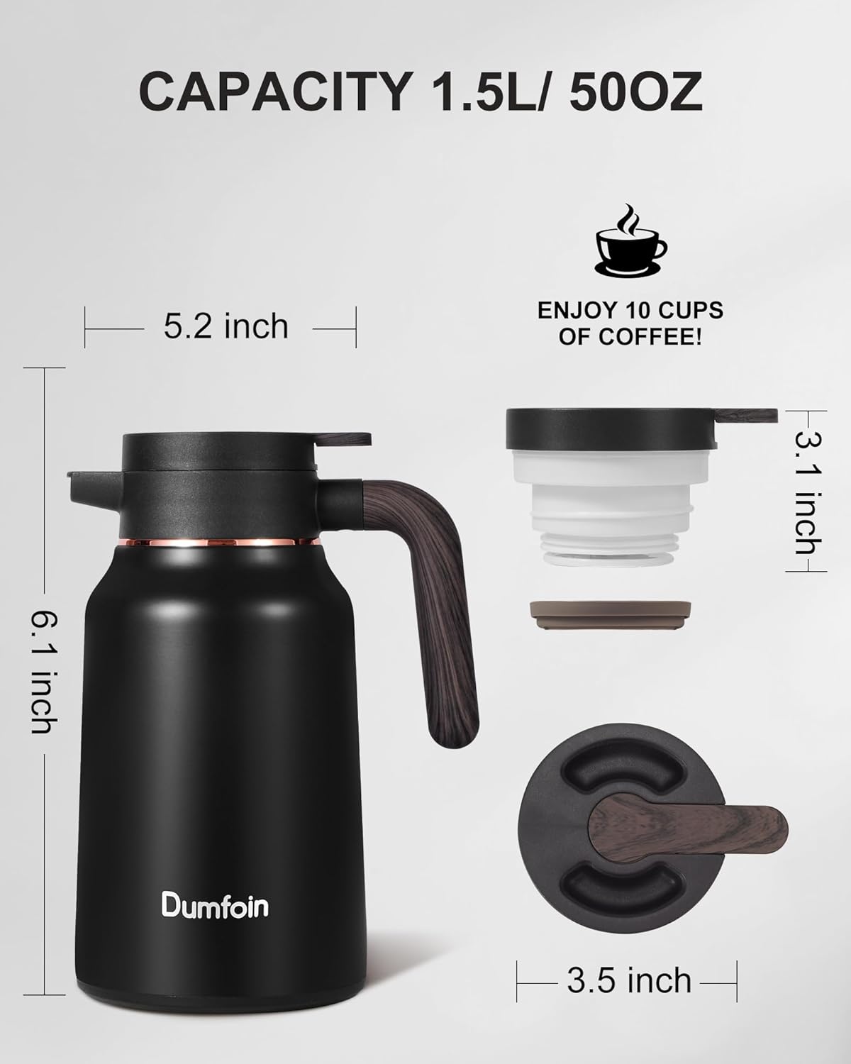 Carafes for Hot Liquids 51oz - 12 Hour Stainless Steel Thermal Coffee Carafe-Insulated Coffee Carafes For Keeping Hot/Cold Coffee, Tea, Water, 1.5 Liter Beverage Dispenser(Black)
