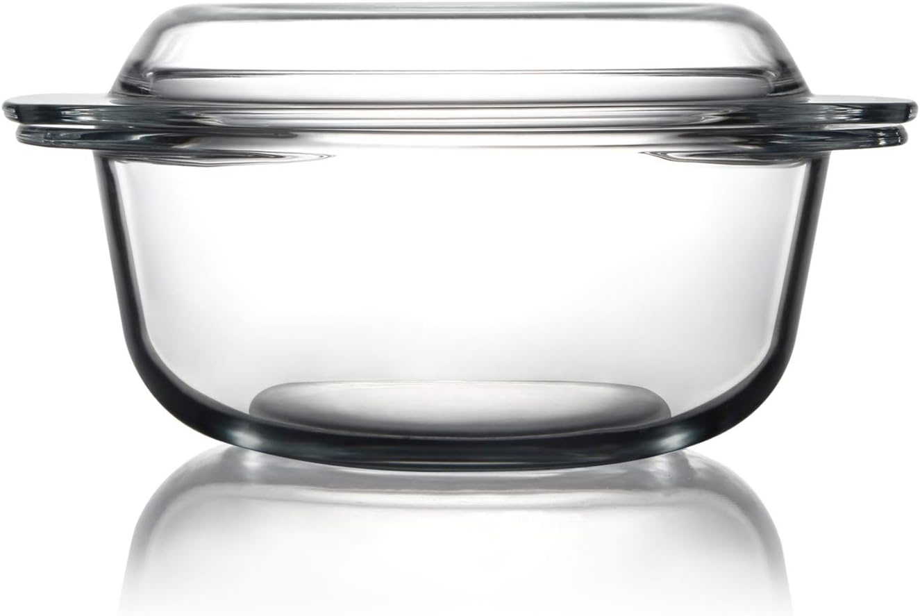 Clear Round Glass Casserole Dish With Lid Non-Plastic Lidded Casseroles Easy Grab Glass Cooking Bowls with Glass Lid, Microwave, Oven, Freezer, and Dishwasher Safe (1.5L)