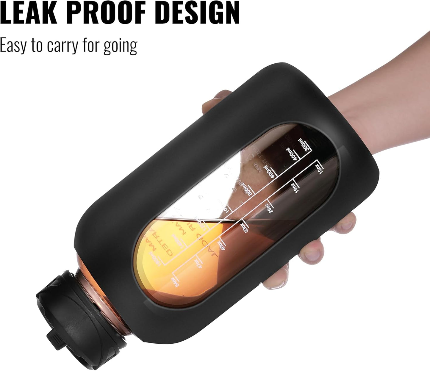 CIVAGO 64 oz Glass Water Bottle Jug with Straw and Handle, Half Gallon Sports Motivational Water Bottle with Time Marker, Wide Mouth Flask Canteen with Silicone Sleeve for Gym, Light Blue