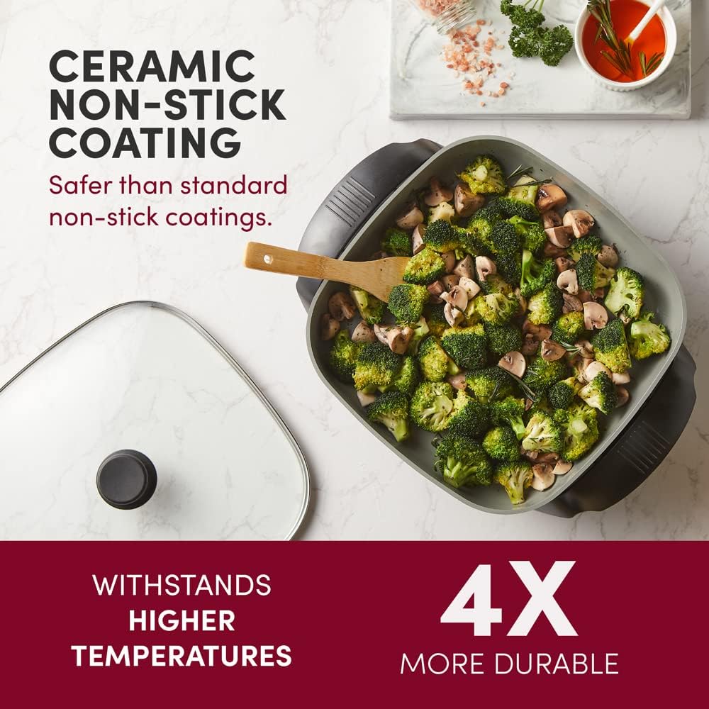 Elite Gourmet EG2212X 12"x12"x2.15” Ceralast™ PFAS Free Ceramic Electric Skillet, Dishwasher Safe, Rapid Heat Up, 1200W, Dark Grey