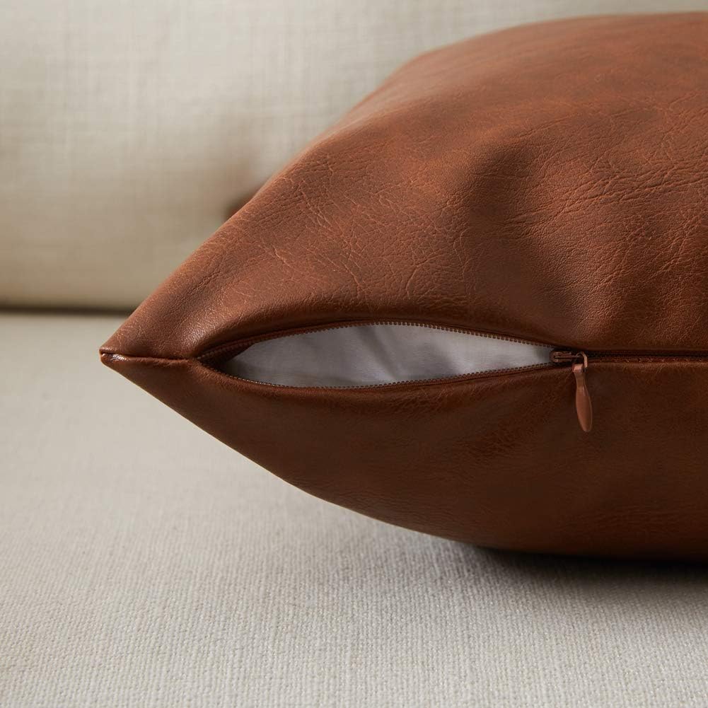 Fancy Homi Brown Boho Lumbar Faux Leather Decorative Throw Pillow Covers 14x24 Inch for Living Room Couch Bed Sofa, Solid Rectangle Cushion Case 35x60 cm, Rustic Modern Farmhouse Home Decor