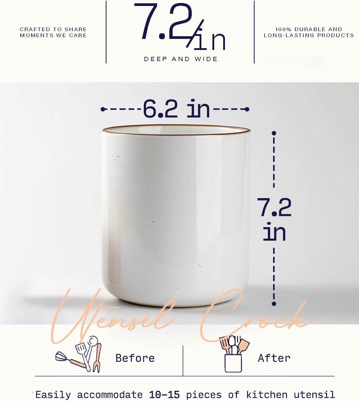 getstar Kitchen Utensil Holder, Large Ceramic Cooking Utensil Holder (H7.2” x W6.2”) for Kitchen Counter with Cork Mat at Bottom, Farmhouse Decor