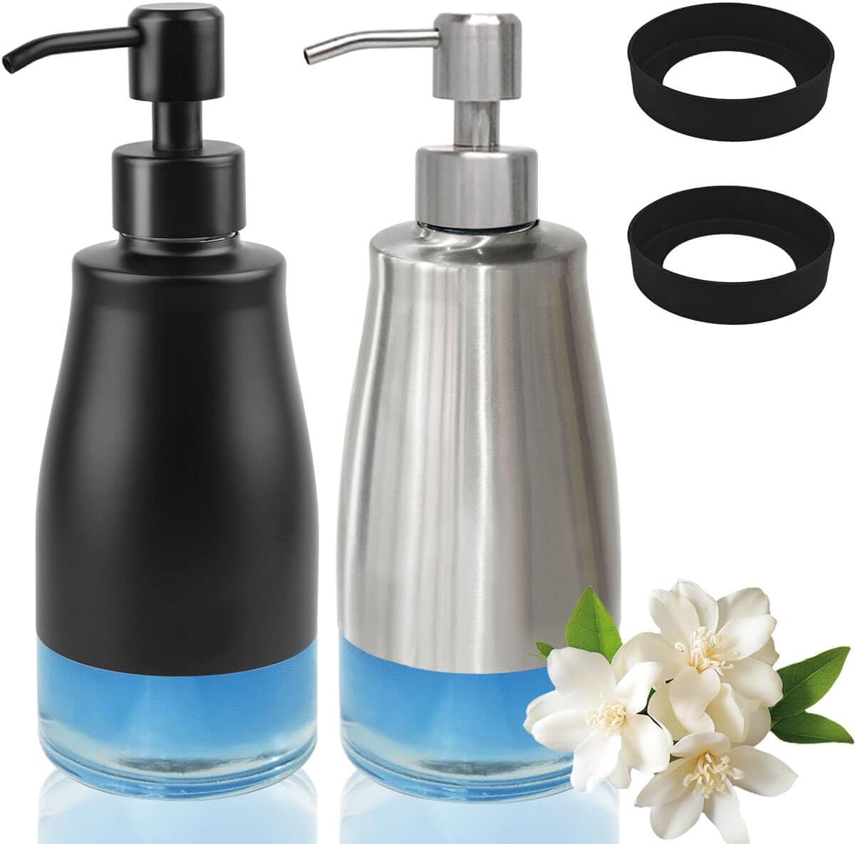 Soap Dispenser with Non-Slip Silicone Pad, 2 Pack Kitchen Dish Refillable Liquid Dispensers, Hand Soap Dispenser for Bathroom, Stainless Steel Case Glass Liner Hand Pump Dispenser Silver & Black