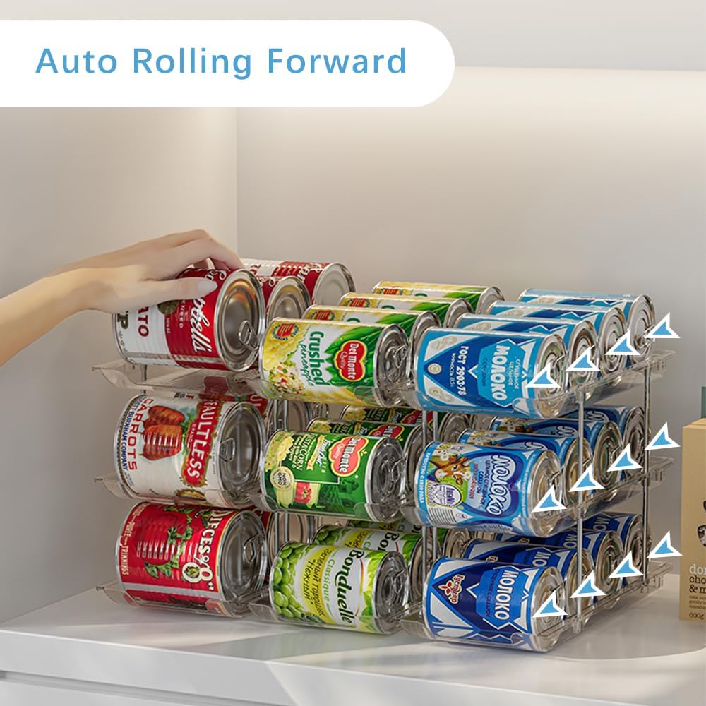 Can Organizer For Pantry, Adjustable Height And Width Canned Goods Organizer, Soup Can Rollers Organizer Holds Up to 48 Cans for Kitchen Cabinet or Refrigerator (CLear 4 Tier)