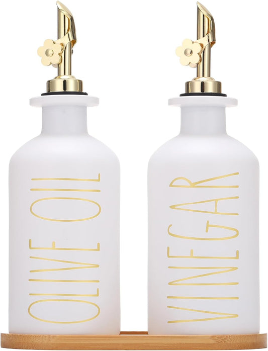 HOMCDALY Premium Olive Oil Dispenser for Kitchen, 11.8oz Glass Oil Bottles with Bamboo Tray, White and Gold Oil&Vinegar Cruet Set, Kitchen Dispenser Bottles with Pourer| Set of 2 (11.8oz –P–Gold)