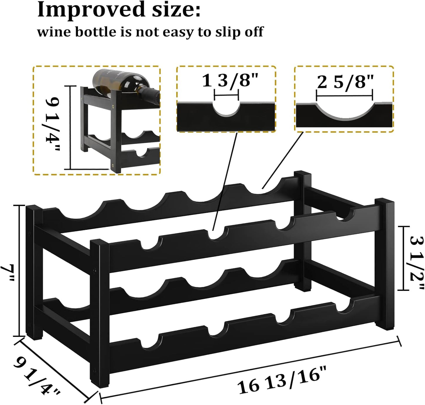 BAMEOS Wine Rack Freestanding 8 Bottle 2 Tier Bamboo Wine Racks Countertop Cabinet Wine Holder Wine Storage Shelf for Kitchen, Bar, Pantry, Wine Cellar, Countertop Black (16.85 L x 9.25W x 7H)