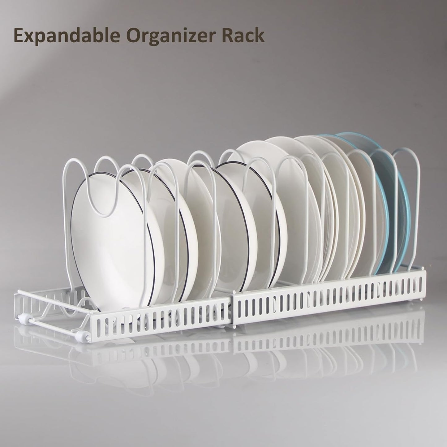 Expandable Pots and Pans Organizer Rack, Pot Lid Kitchen Cabinet Organizer Holder with 10 Adjustable Compartment, Cookware Rack for Kitchen Cabinet Storage, White