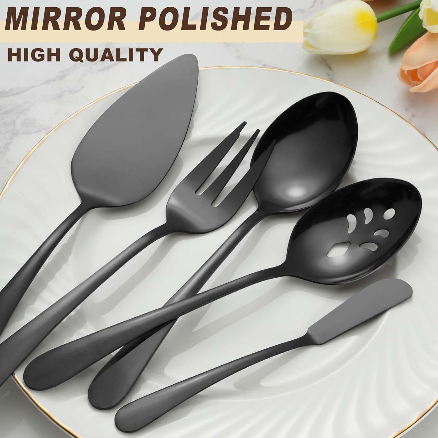BEWOS Black 20-Piece Serving Set, Black Slotted Spoons & Tongs, Forks, Cake Server & Butter Knife, Stainless Steel, Dishwasher Safe