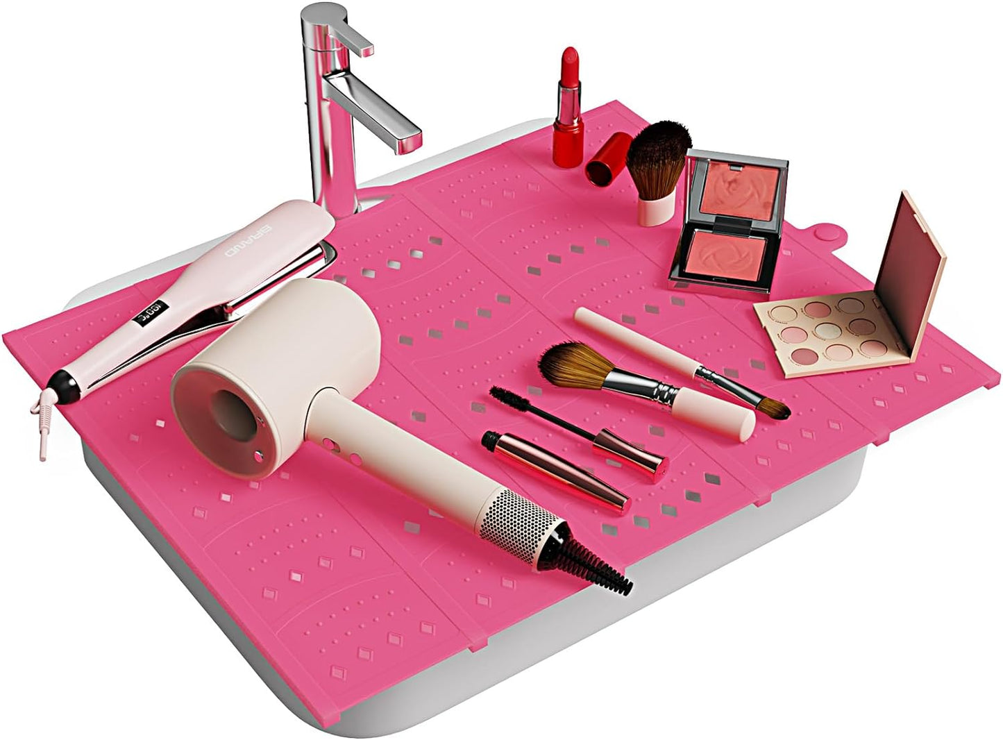 Bathroom Sink Cover for Counter Space, Sink Mat Foldable Sink Cover, Silicone Makeup Organizer Mat Space Saver, Small Bathroom & Rv Camper Travel Must Haves Accessories, Pink