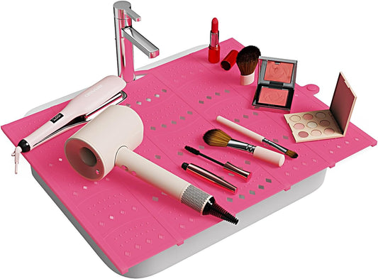 Bathroom Sink Cover for Counter Space, Sink Mat Foldable Sink Cover, Silicone Makeup Organizer Mat Space Saver, Small Bathroom & Rv Camper Travel Must Haves Accessories, Pink