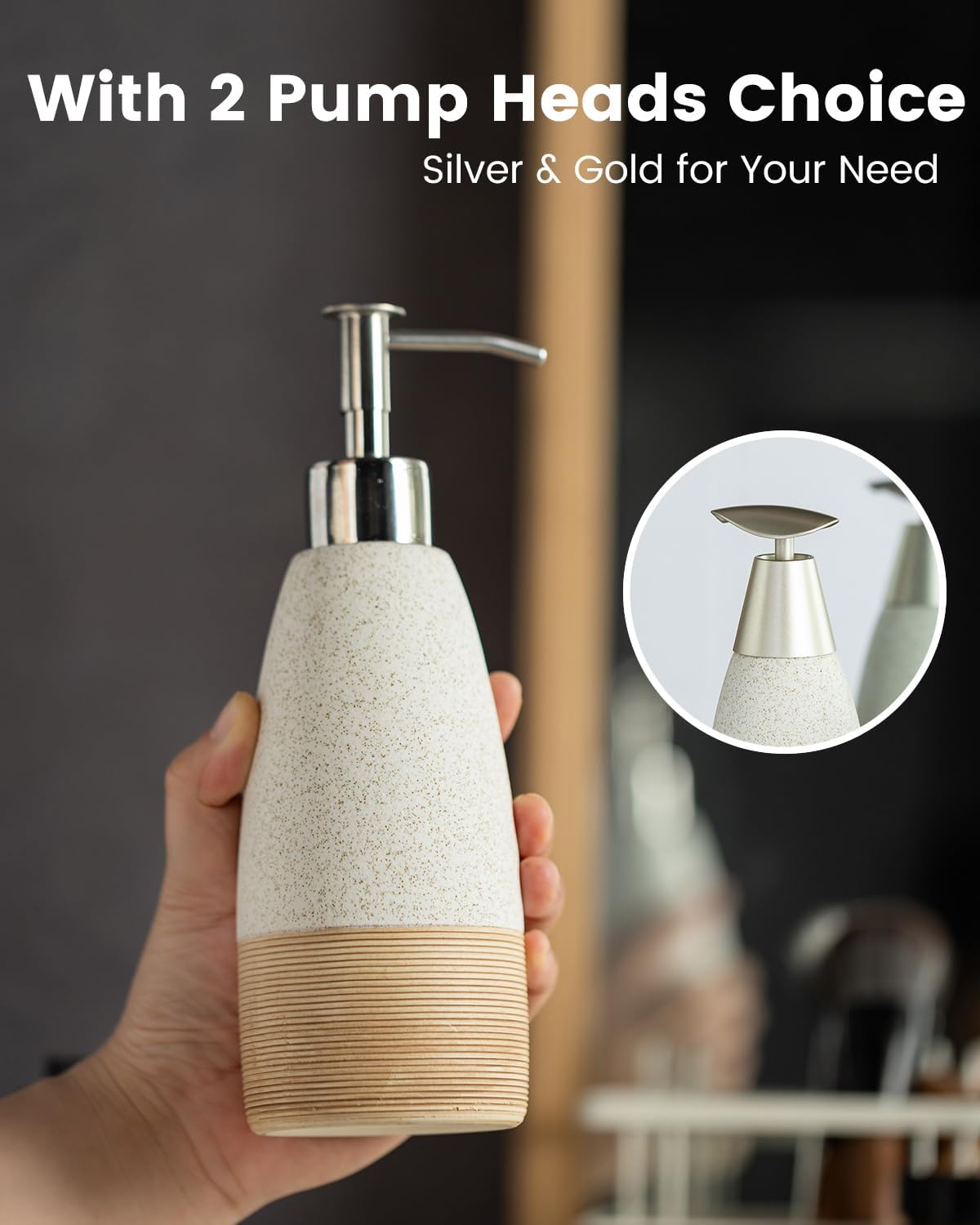 12oz Dish Soap Dispenser with Plastic Pump & Stainless Steel Pump for Hand Soap, Shampoo, Lotion, Conditioner, Ceramic Refillable Soap Bottle with Silicone Funnel for Bathroom, Kitchen, Speckled White