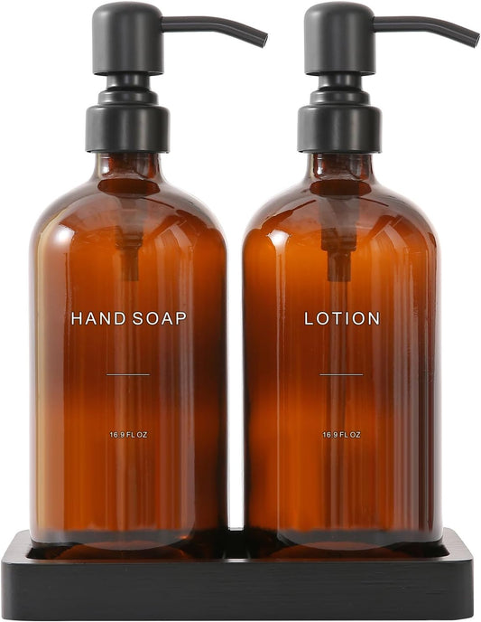 Amber Glass Soap Dispenser Set, Hand Soap and Lotion Set with Black Stainless Steel Pump, Perfect for Modern Bathroom Decor. (Amber)