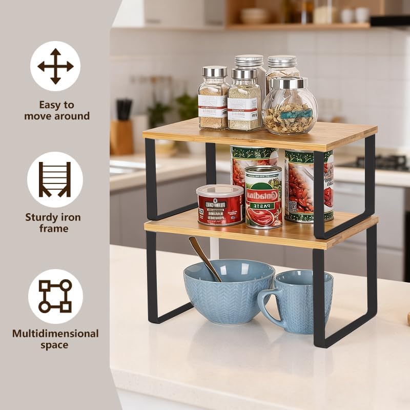 Cabinet Organizer Shelf, Set of 2 Stackable Counter Shelves, Wood and Metal Cabinet Storage Rack, Expandable Kitchen Spice Rack, Multi-Purpose Shelf for Pantry, Bathroom, or Tabletop