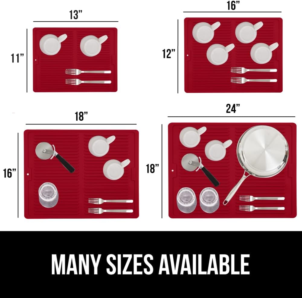 GORILLA GRIP 100% BPA-Free Patented Silicone Dish Drying Mat for Kitchen Counter, 18x16 Inch, Water Catching Ribbed Design, Easy Clean Waterproof Sink Liner, Heat Resistant, Fits Under Rack, Red