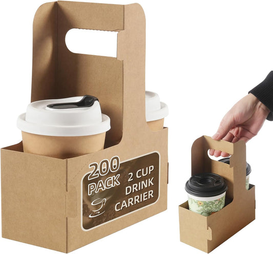 Disposable Coffee Cup Carrier for Delivery, 2 Cup Paperboard Cup Holder Portable Drink Holder Take Out Drink Carrier with Handle for Hot & Cold Drinks, 200 Pack